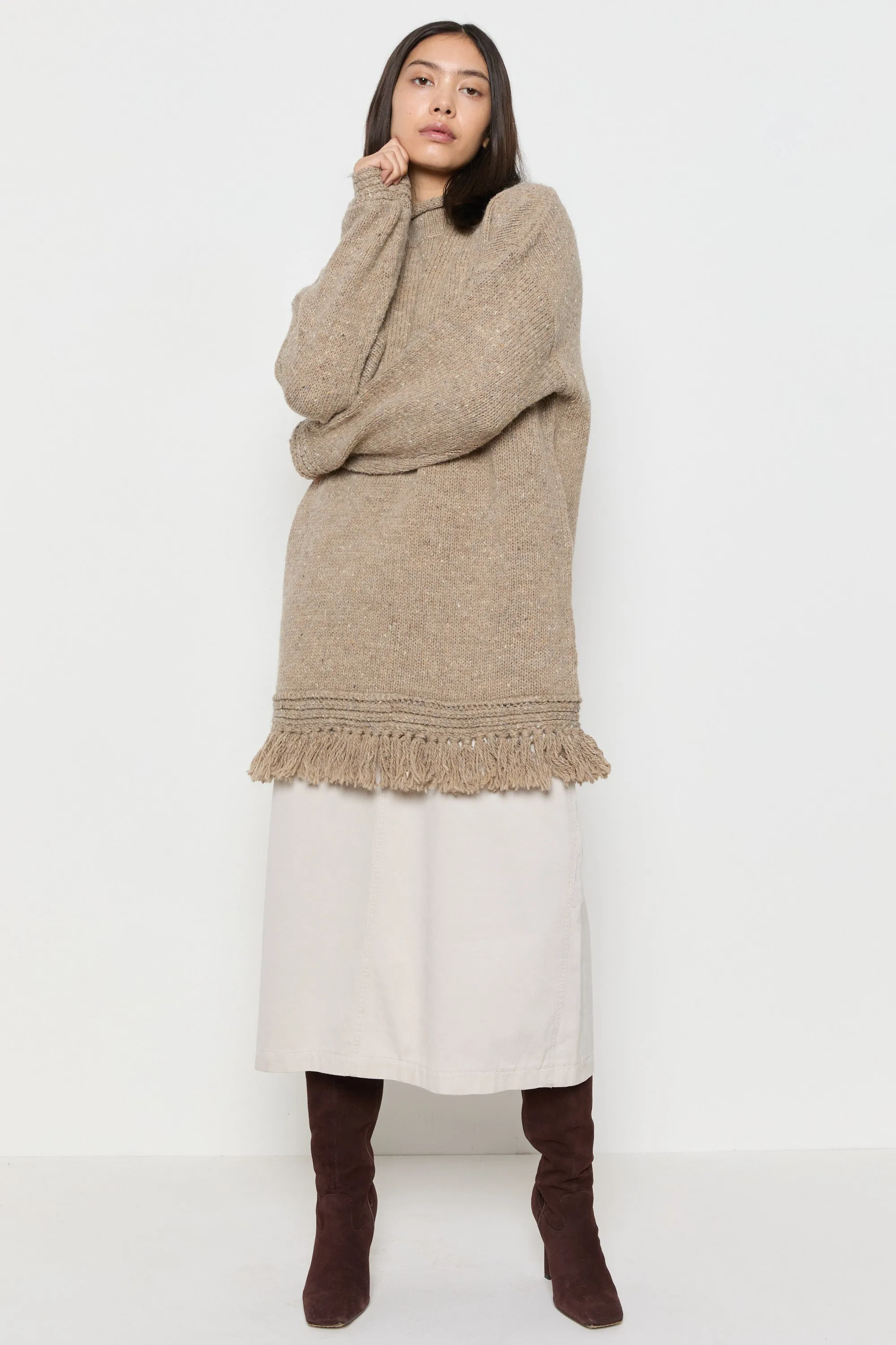 90s Taupe Fringe Tunic Sweater L