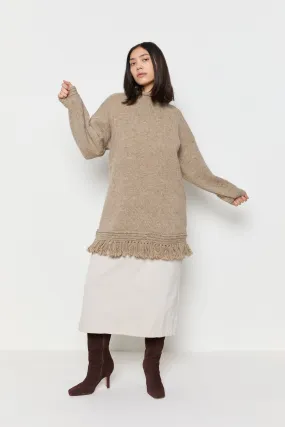90s Taupe Fringe Tunic Sweater L