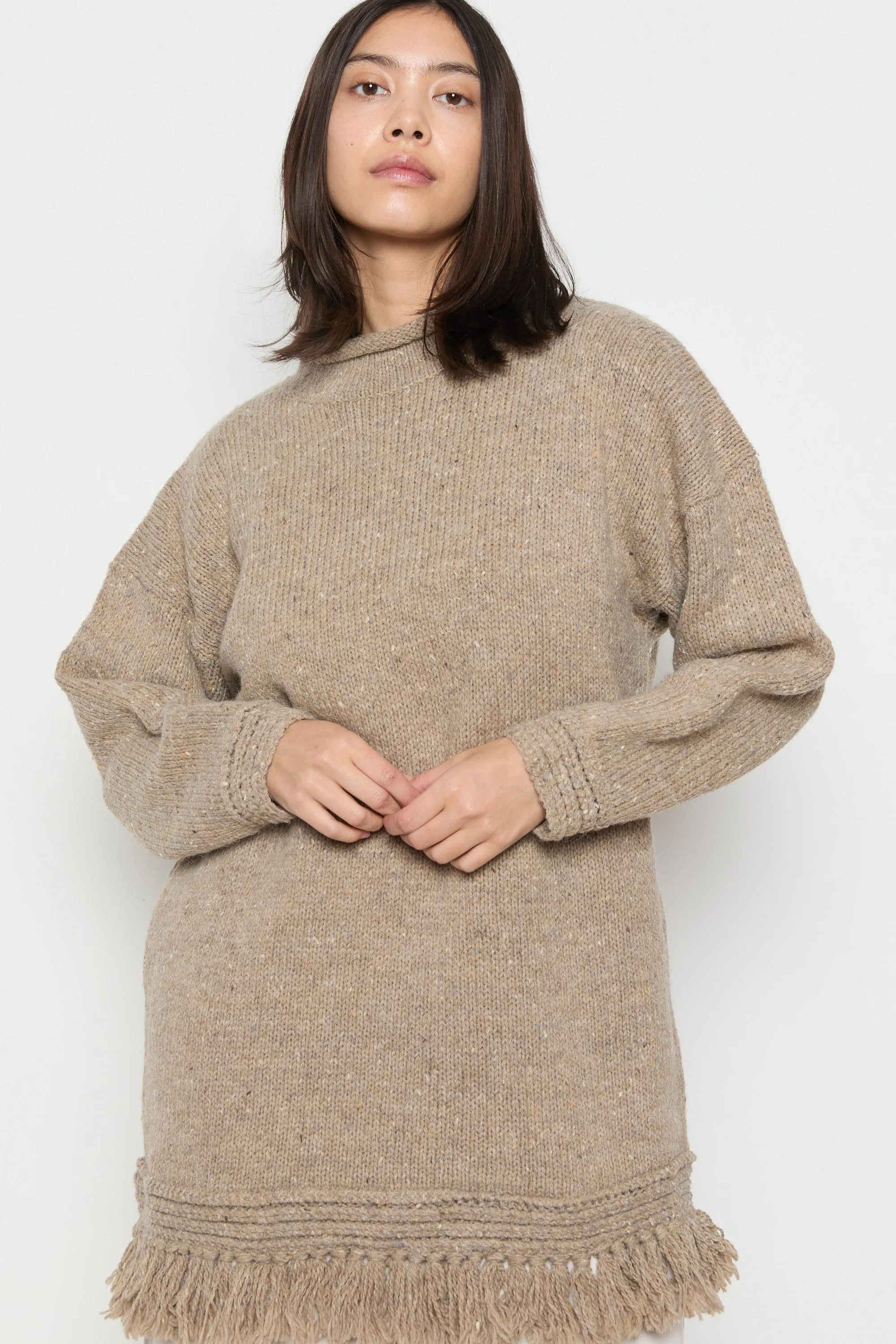 90s Taupe Fringe Tunic Sweater L