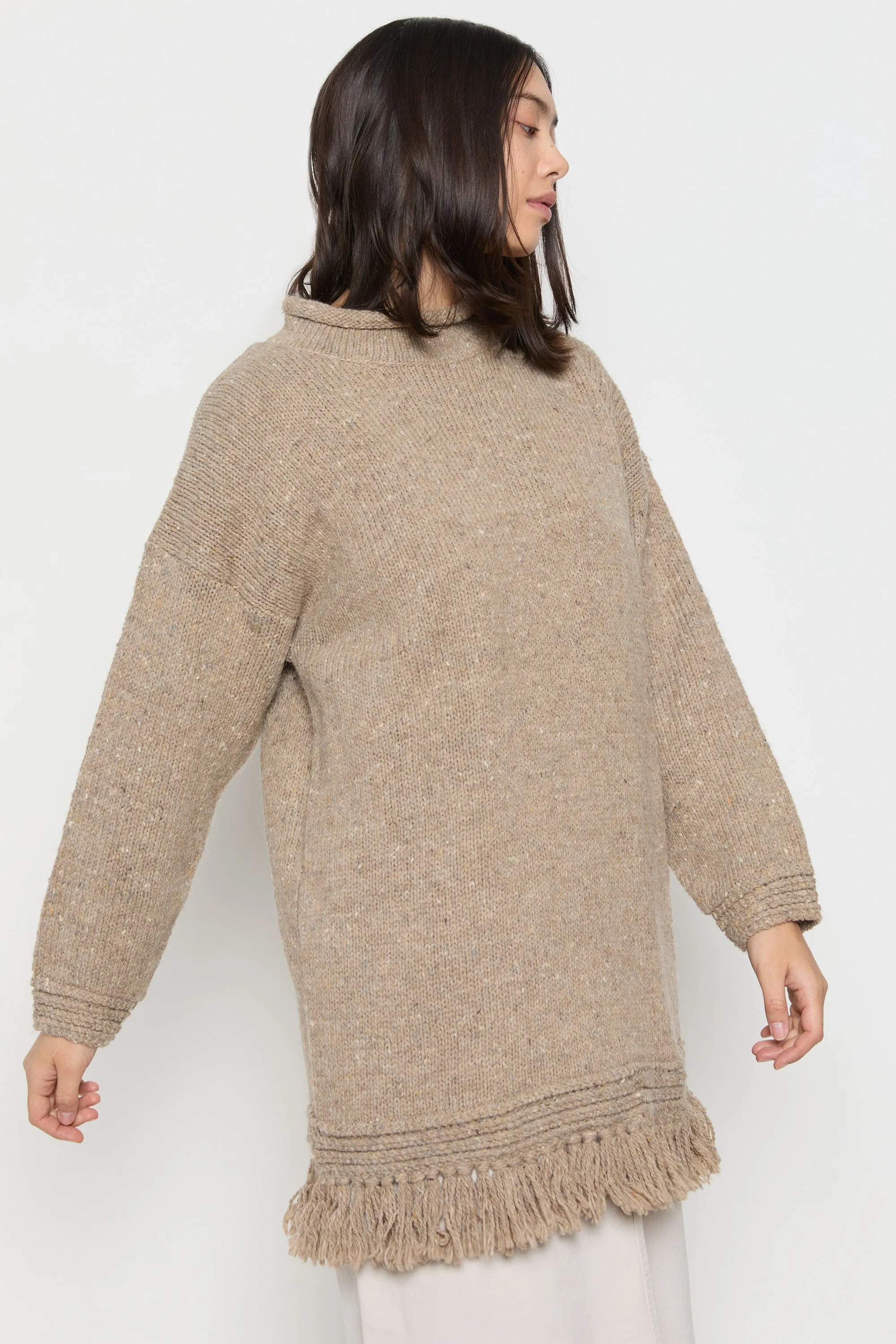 90s Taupe Fringe Tunic Sweater L
