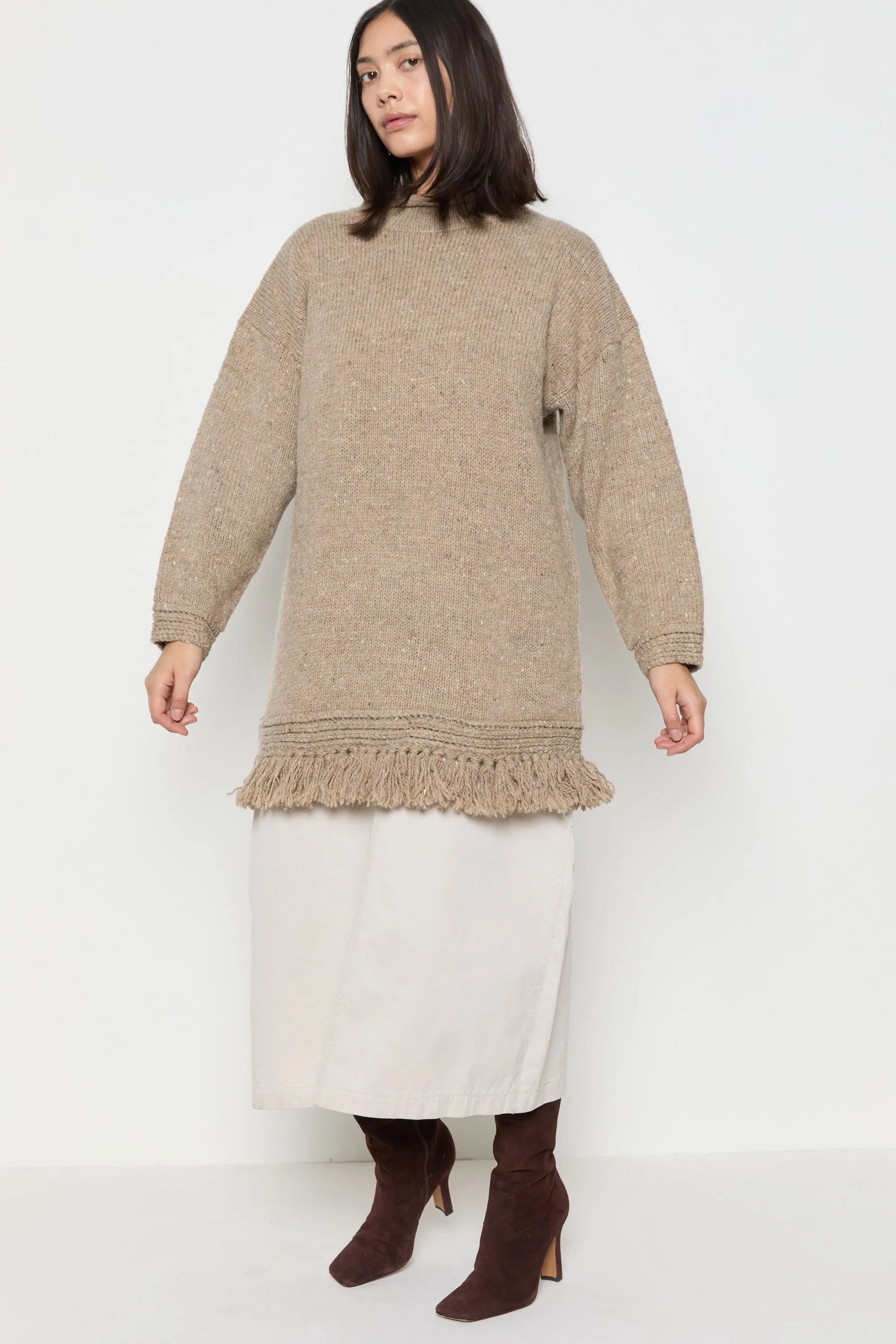 90s Taupe Fringe Tunic Sweater L