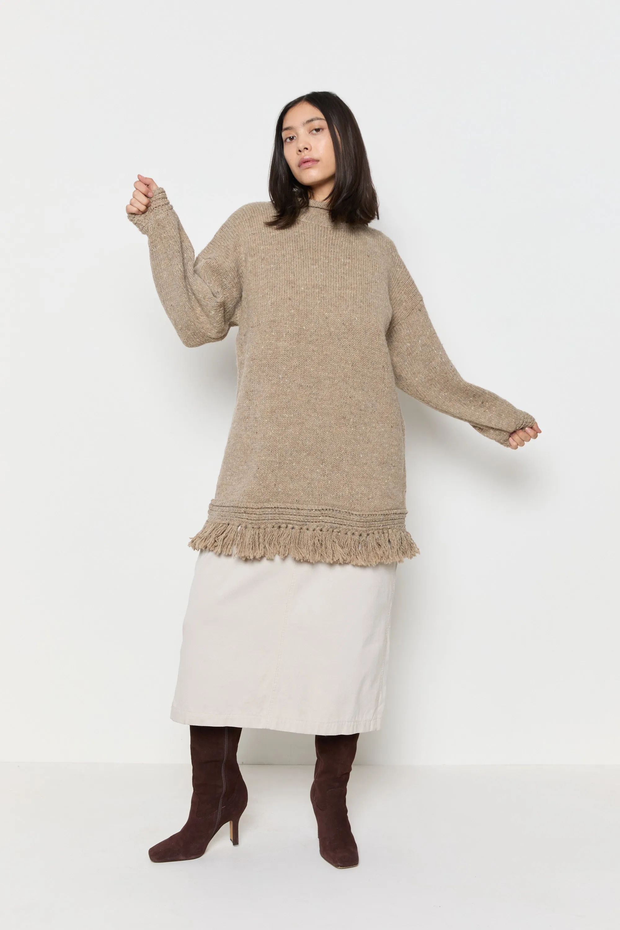 90s Taupe Fringe Tunic Sweater L