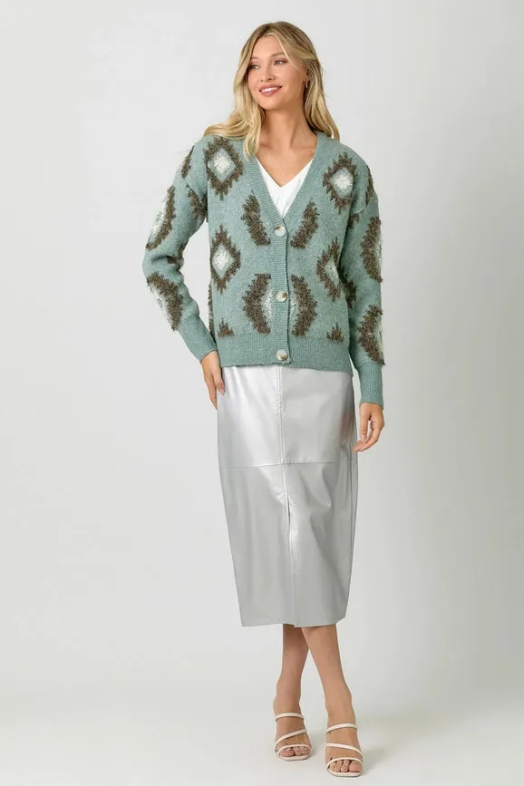 Aztec Pattern Button Down Cardigan Sage Mix