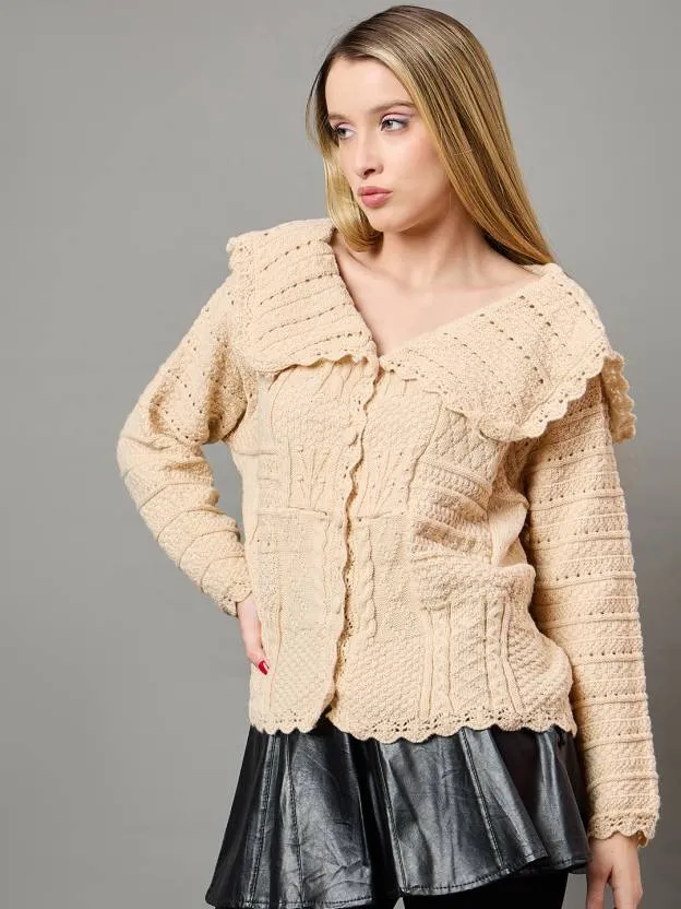 Beige Self design V Neck Sweater