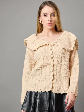 Beige Self design V Neck Sweater