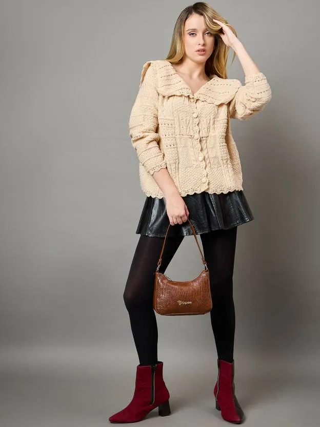 Beige Self design V Neck Sweater