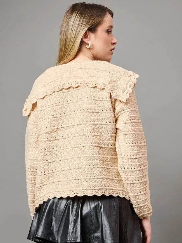 Beige Self design V Neck Sweater