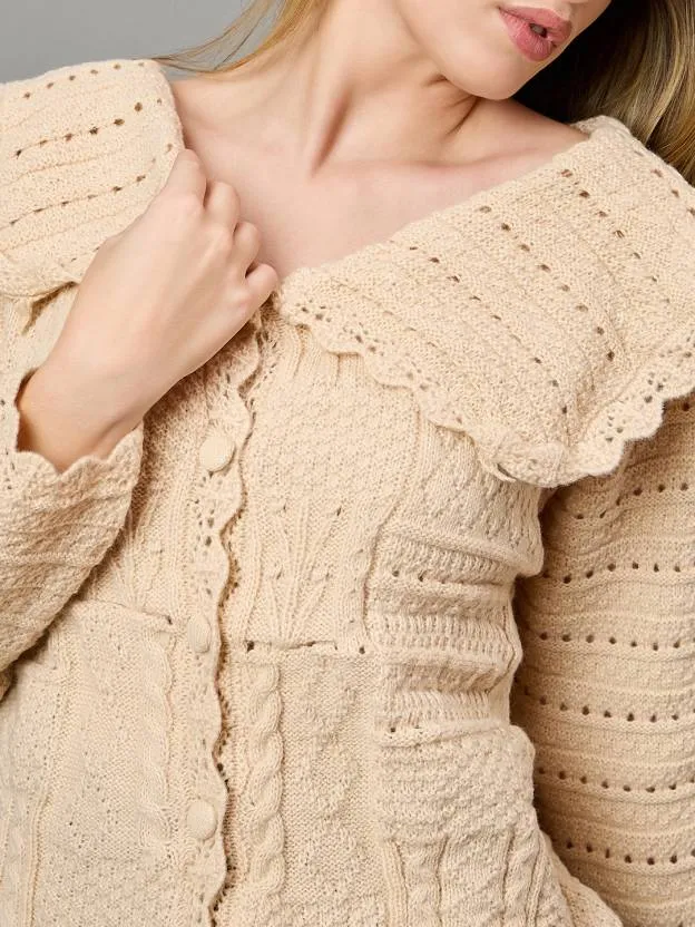 Beige Self design V Neck Sweater