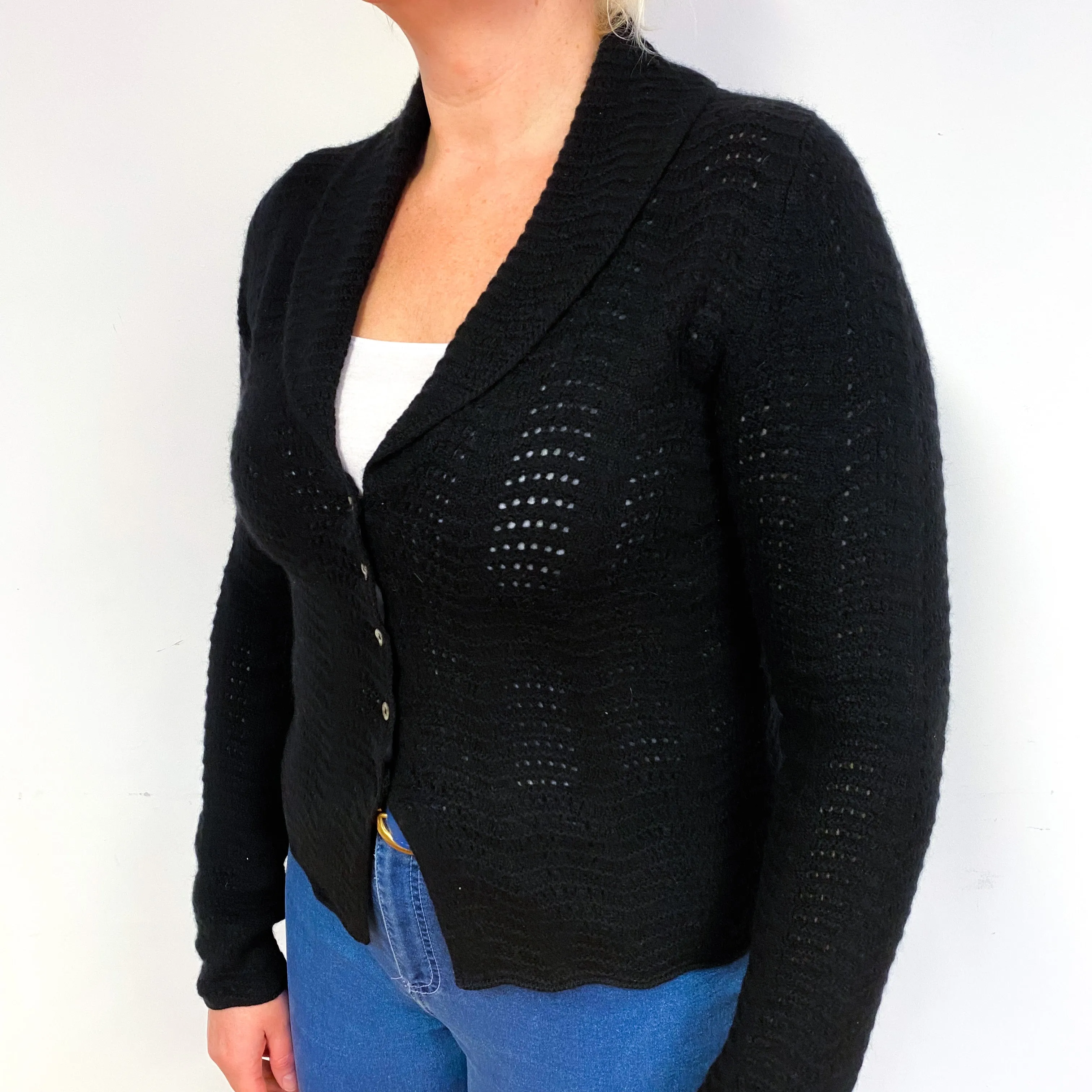 Black Lace Knit Cashmere V- Neck Cardigan Large