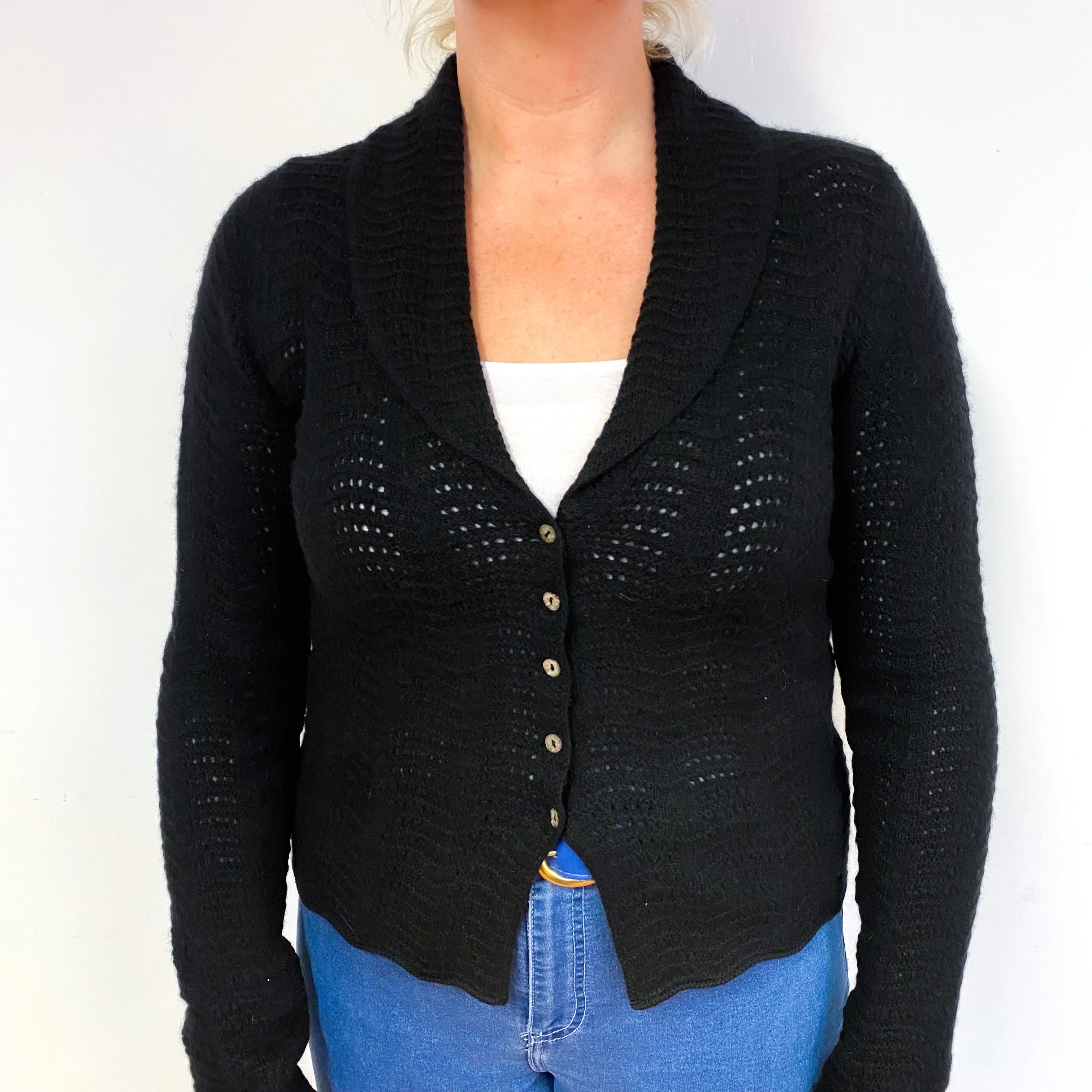 Black Lace Knit Cashmere V- Neck Cardigan Large