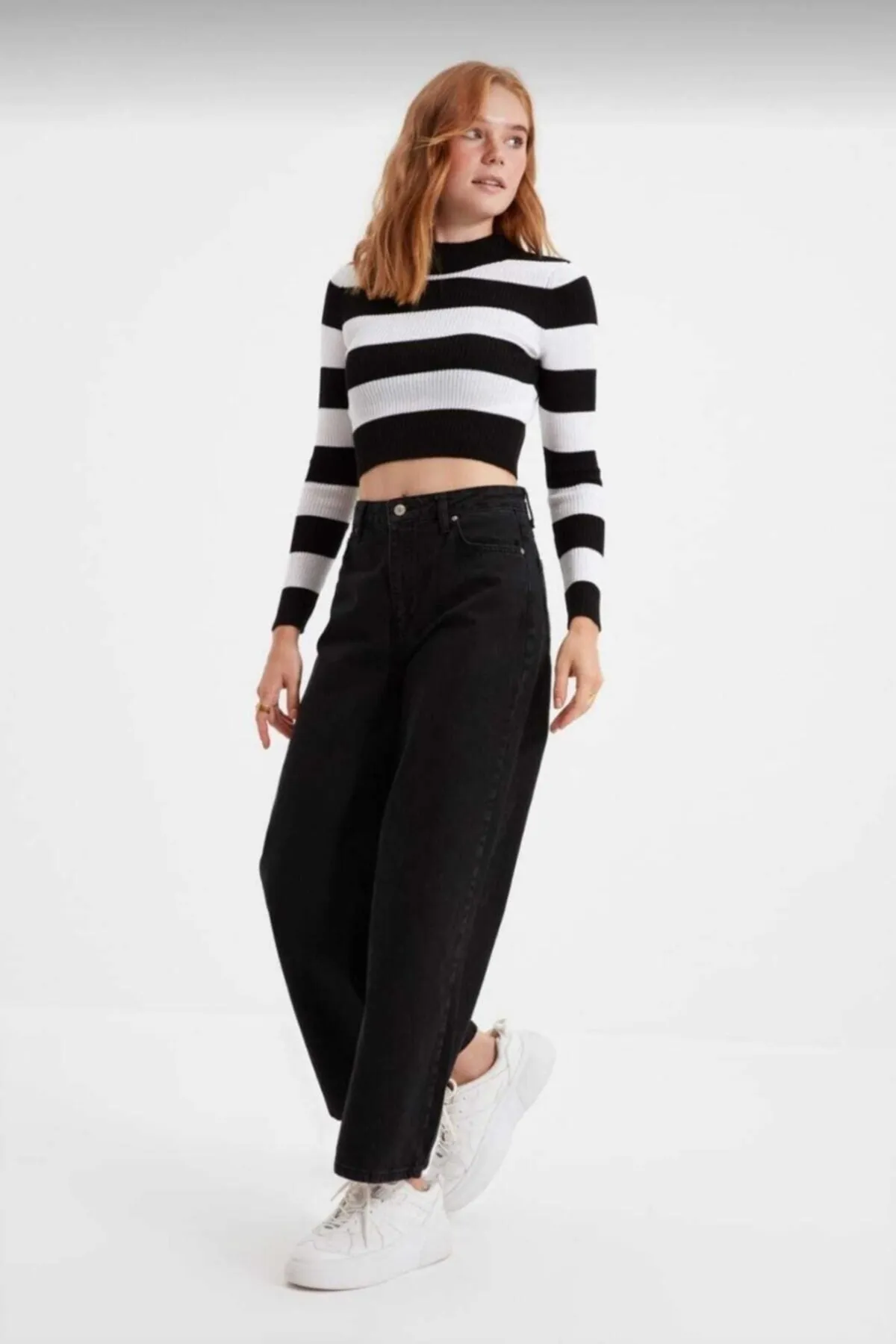 Black Striped Crop Blouse Knitwear Sweater