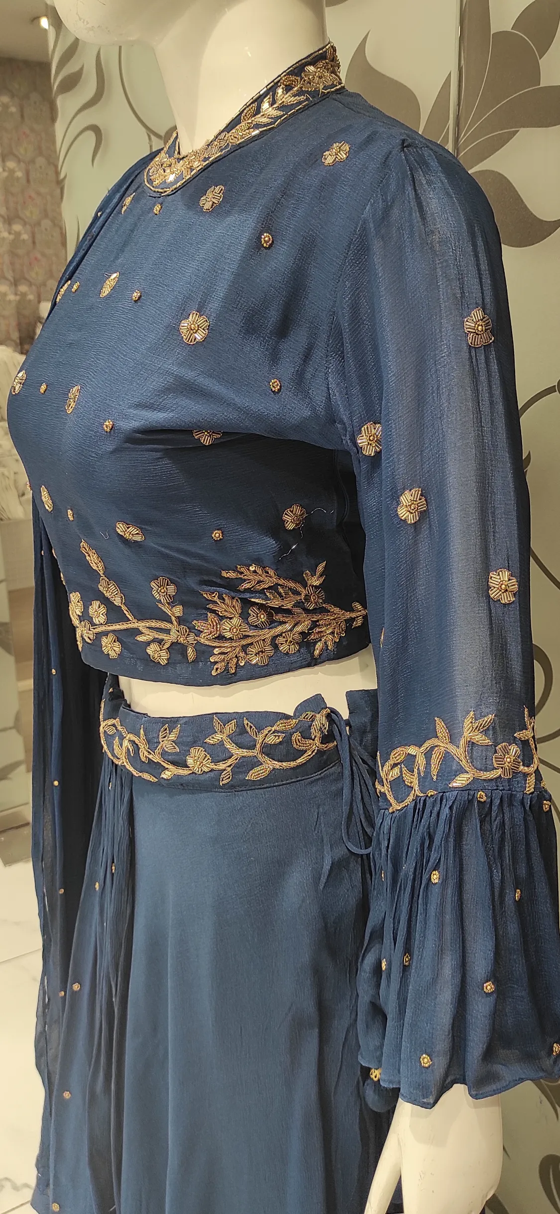 Blue Chinon Crop Top with Hand Embroidery