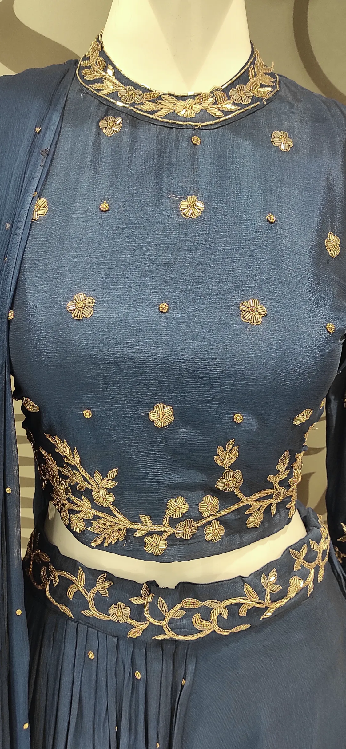 Blue Chinon Crop Top with Hand Embroidery