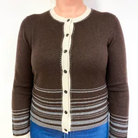 Brown Oatmeal Trim Cashmere Crew Neck Cardigan Large
