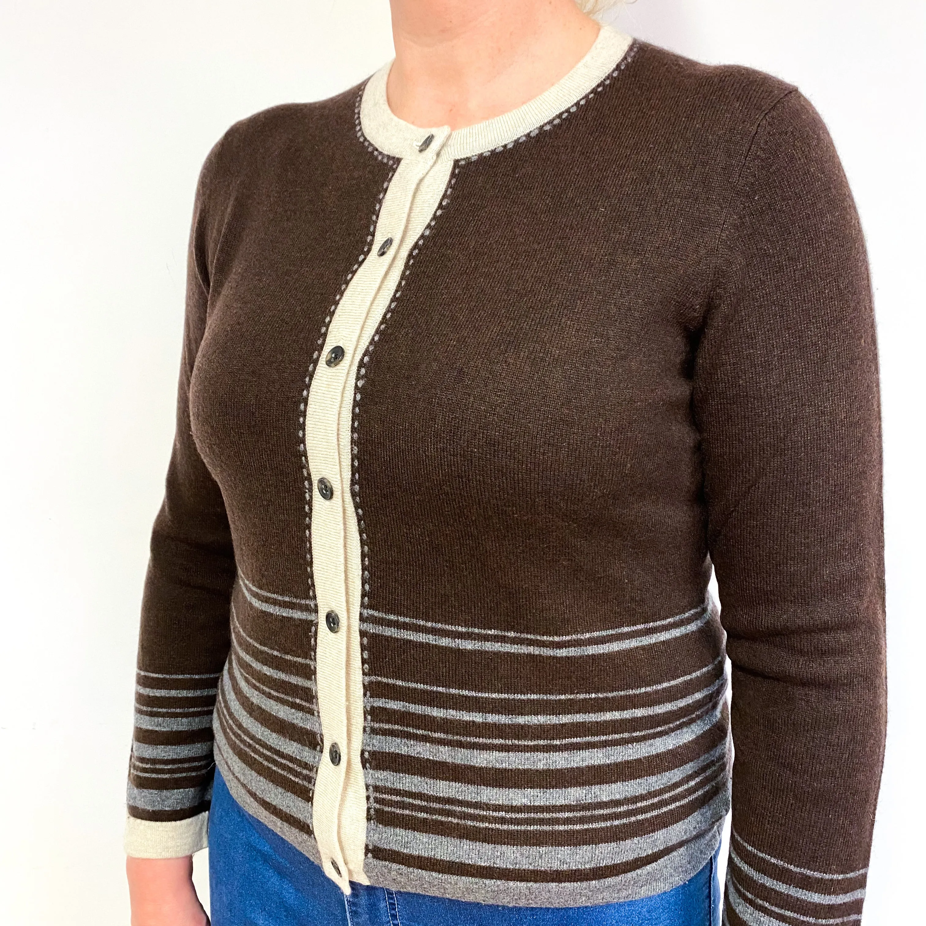 Brown Oatmeal Trim Cashmere Crew Neck Cardigan Large