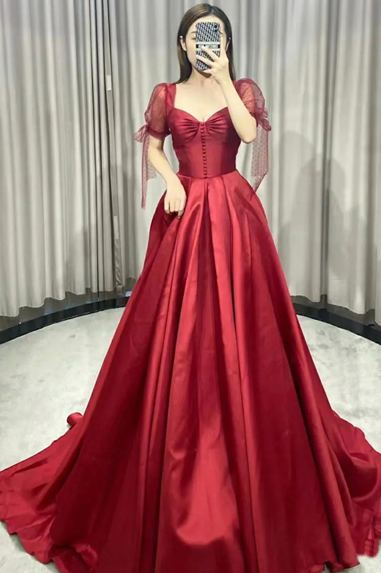 Burgundy Satin Long Prom Dress, A-Line Short Sleeve Evening Dress
