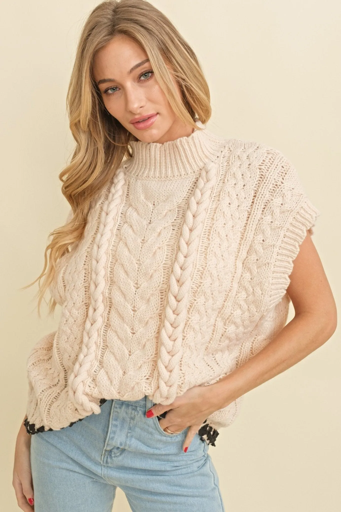 Cable Knit Drop Shoulder Contrast Stitch