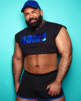 Chunky HOMO, metallic blue on black - Sleeveless crop-top.