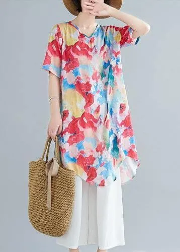 Classy red print cotton clothes v neck asymmetric oversized shirts