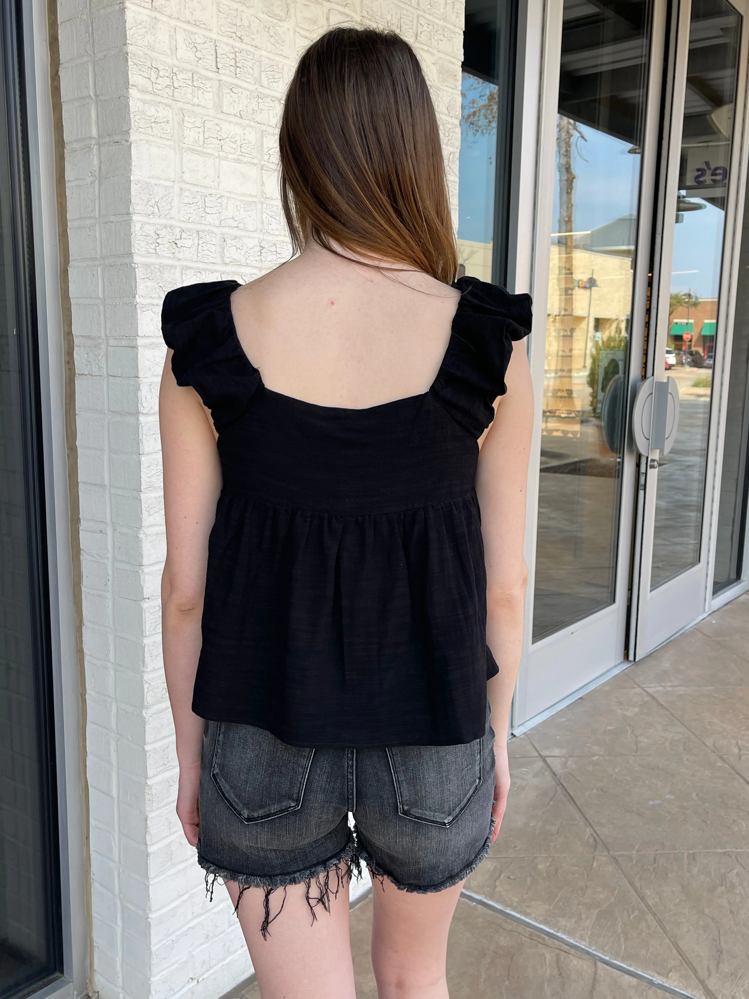 Daisy Ruffle Shoulder Babydoll Top Black