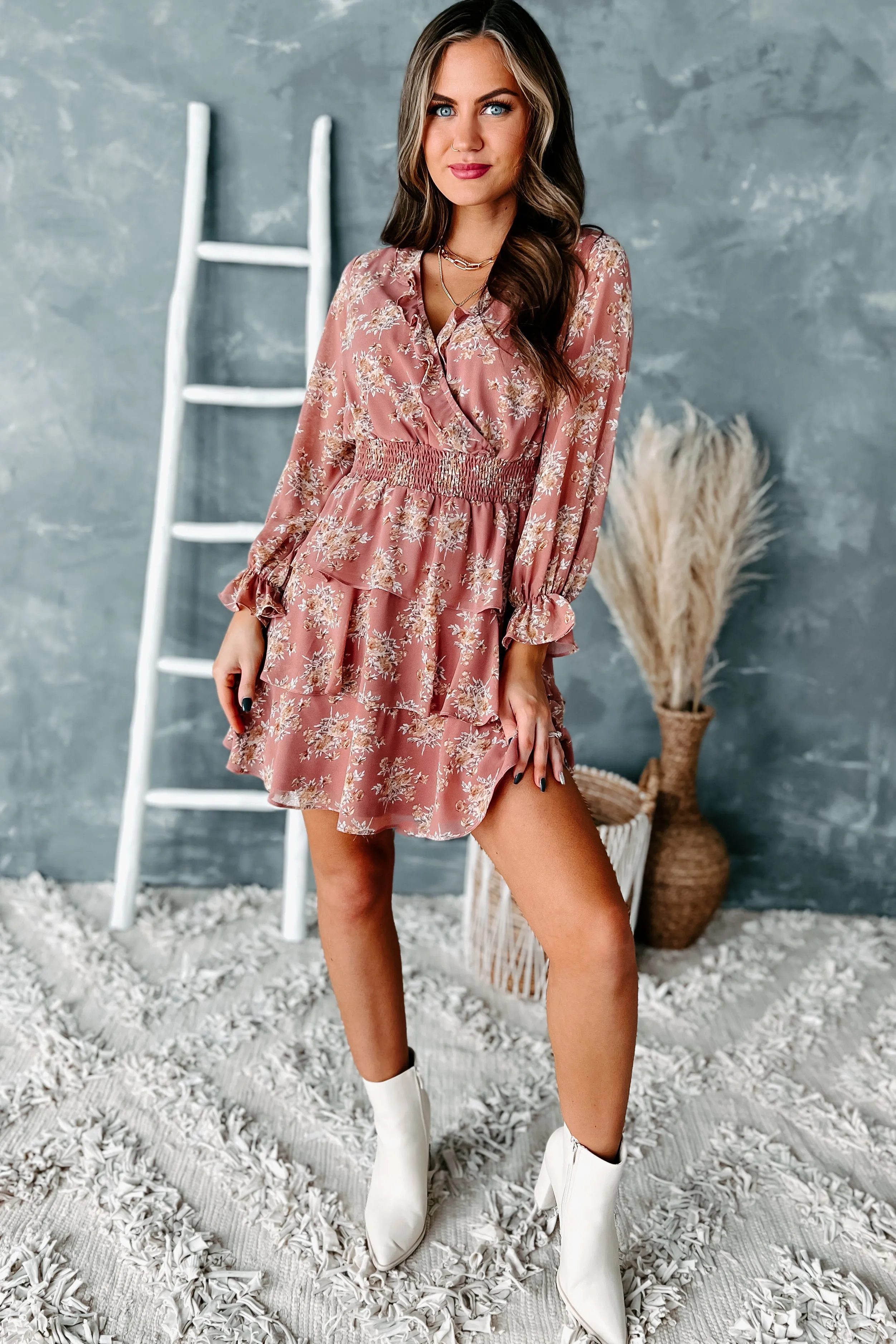 Delaney Tiered Floral Mini Dress (Dusty Rose)