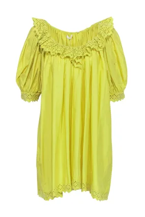 Doen - Green Cotton Babydoll Dress w/ Eyelet Trim & Puff Sleeves Sz XL