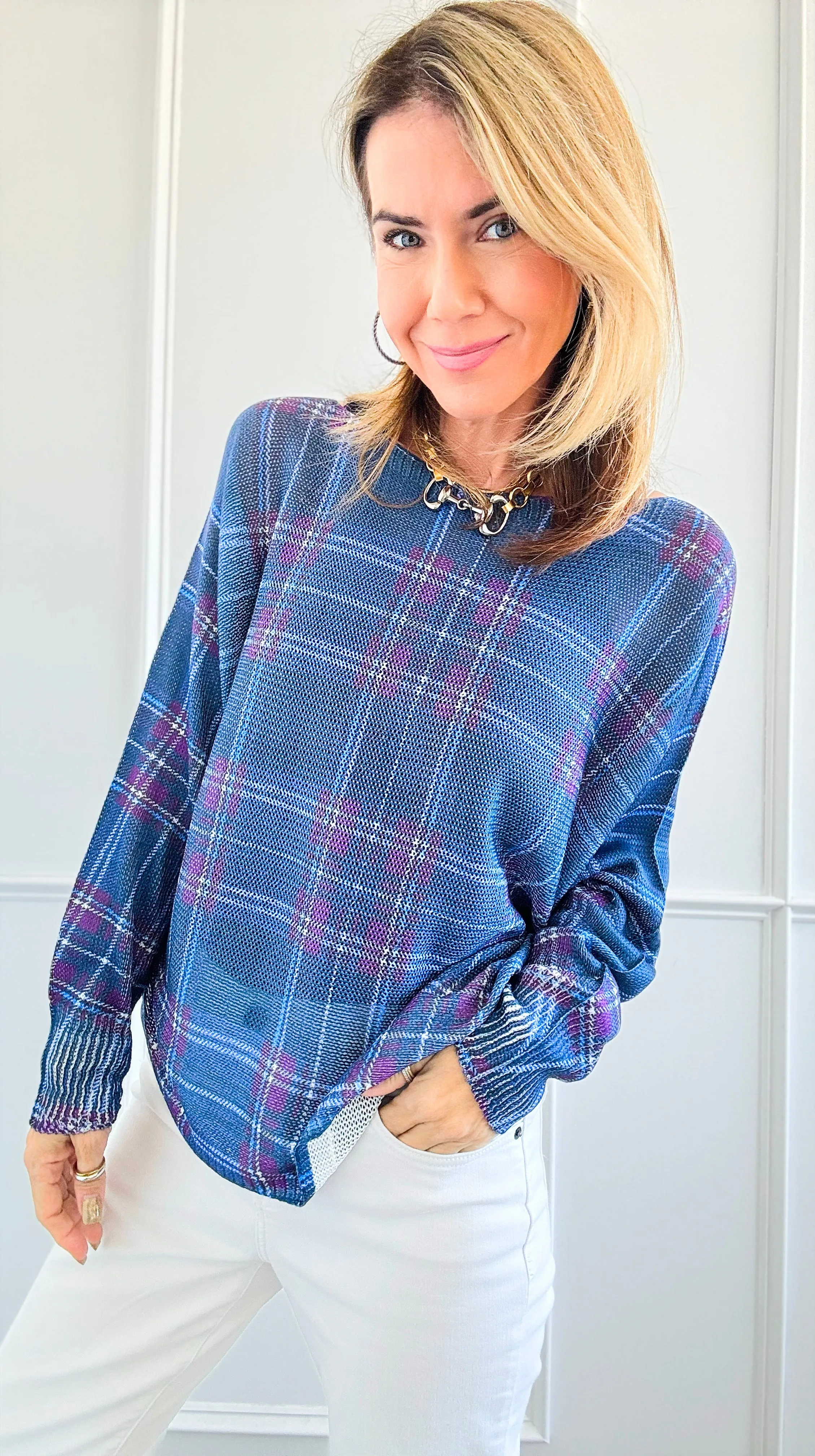 Festive Plaid St Tropez Italian Knit Sweater- Cobalt Blue