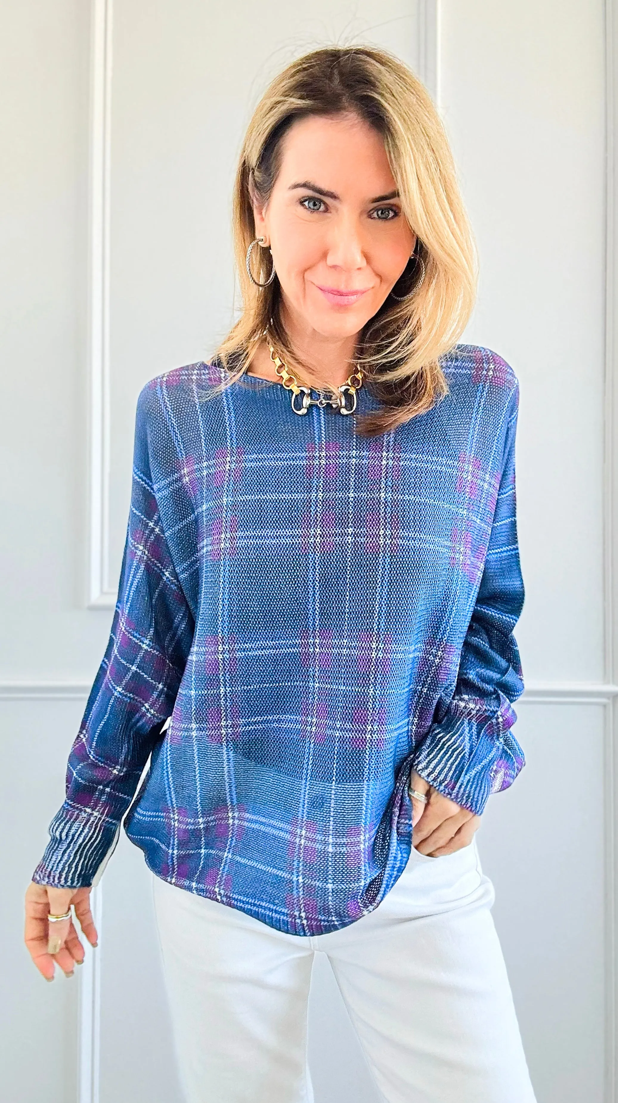 Festive Plaid St Tropez Italian Knit Sweater- Cobalt Blue