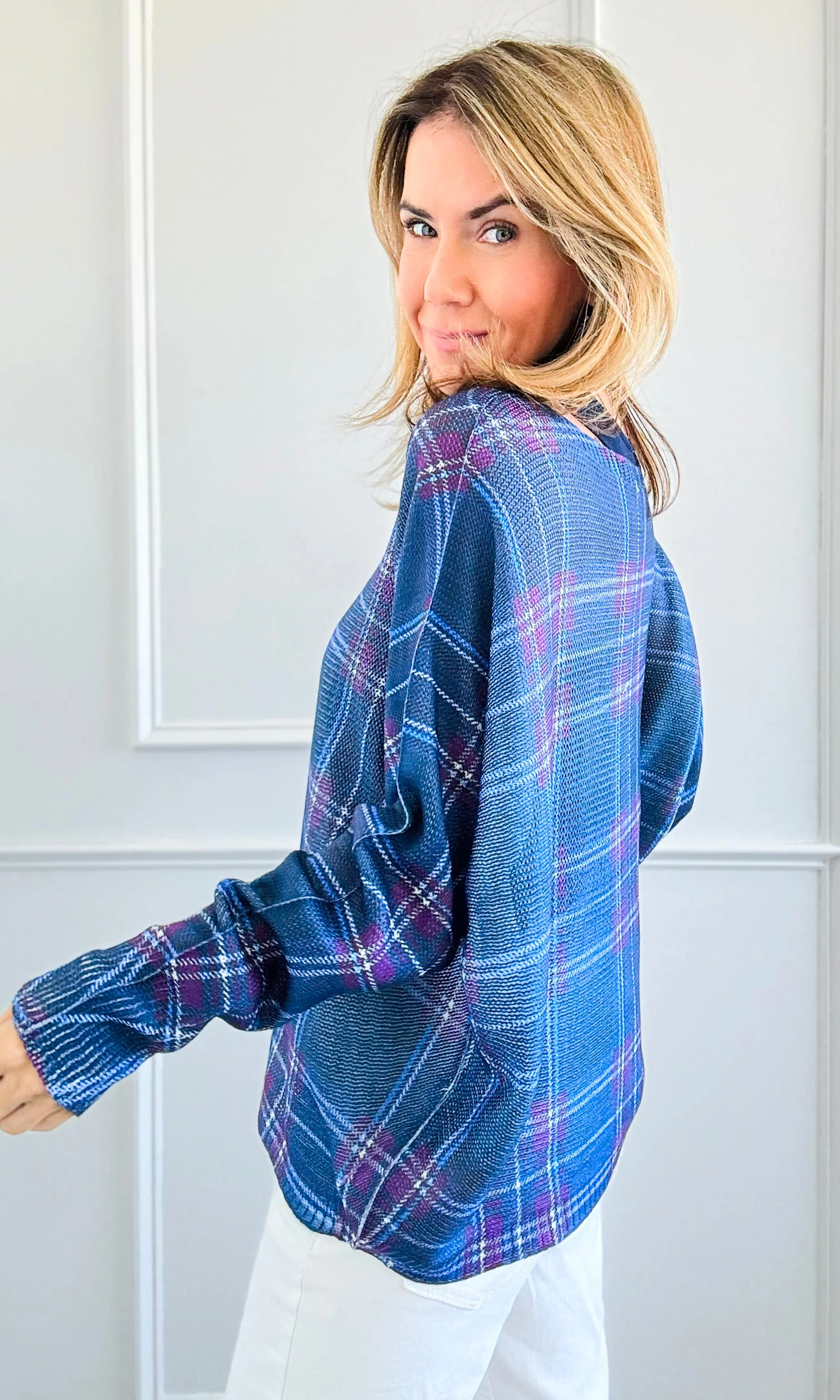Festive Plaid St Tropez Italian Knit Sweater- Cobalt Blue