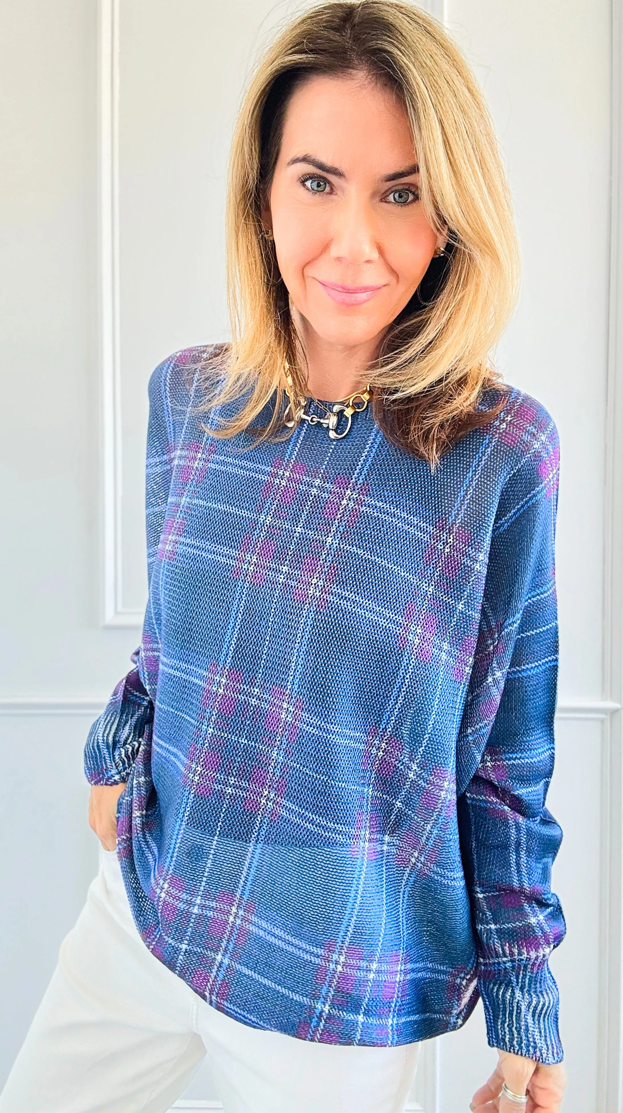 Festive Plaid St Tropez Italian Knit Sweater- Cobalt Blue