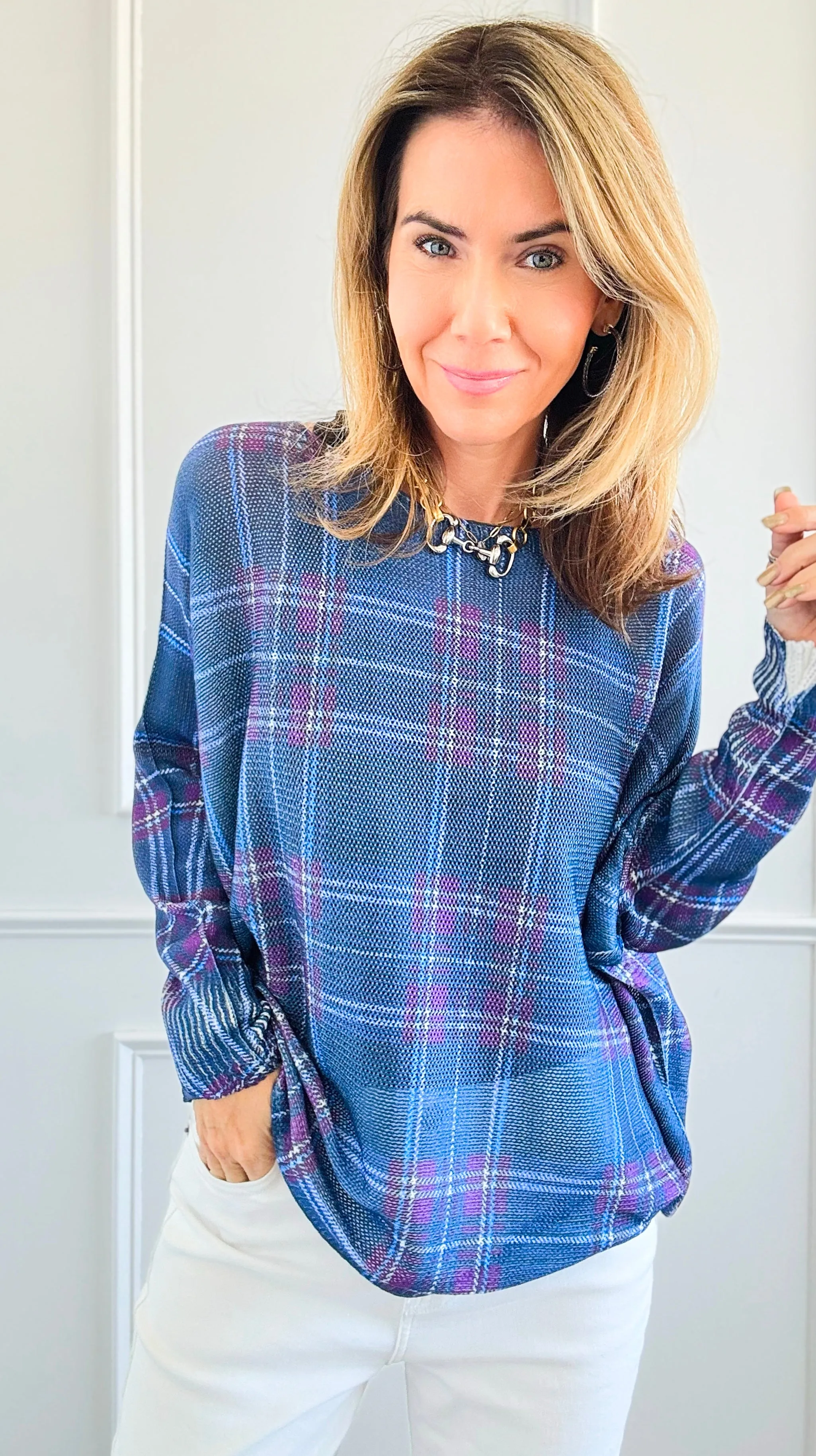 Festive Plaid St Tropez Italian Knit Sweater- Cobalt Blue