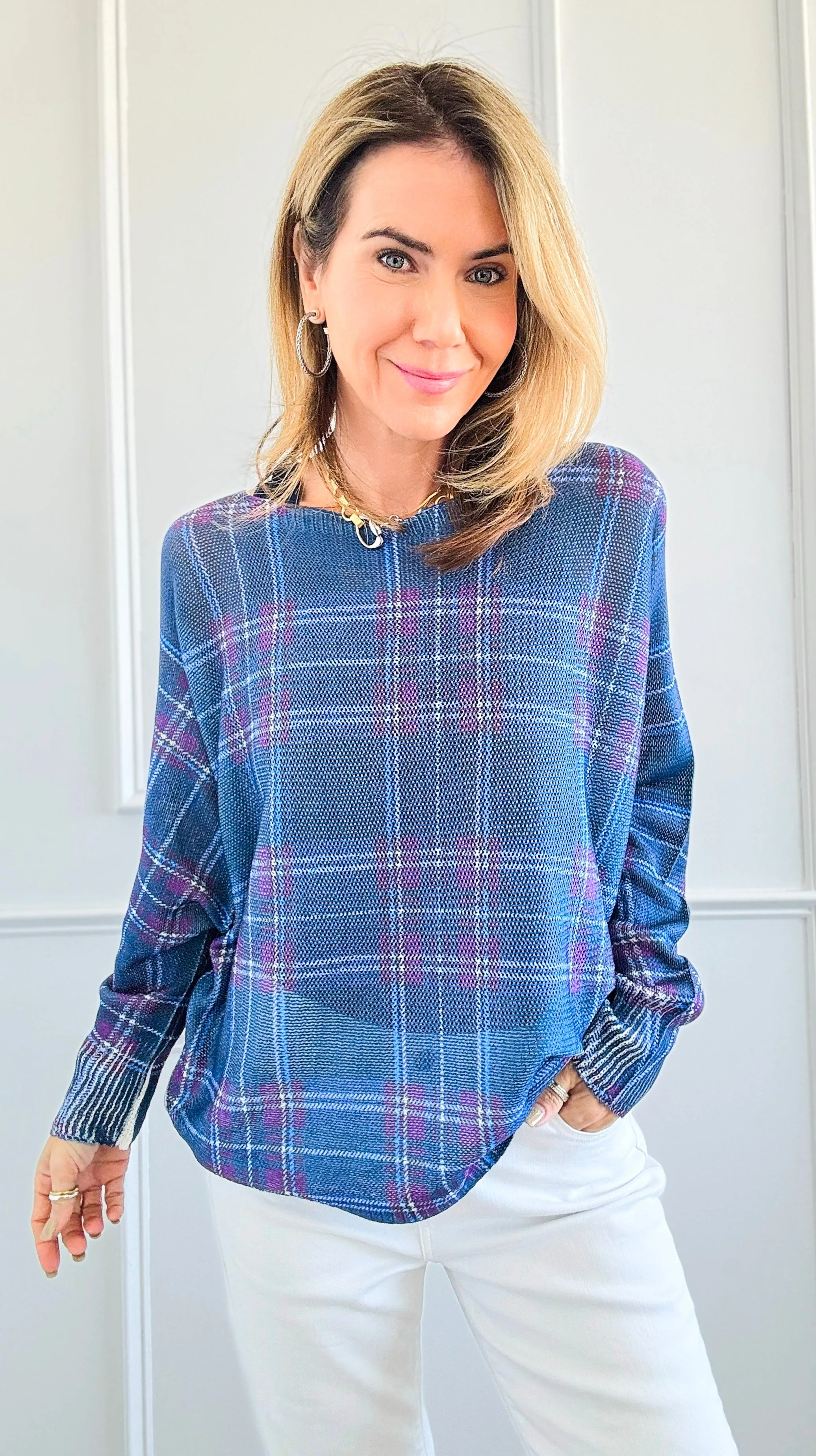 Festive Plaid St Tropez Italian Knit Sweater- Cobalt Blue