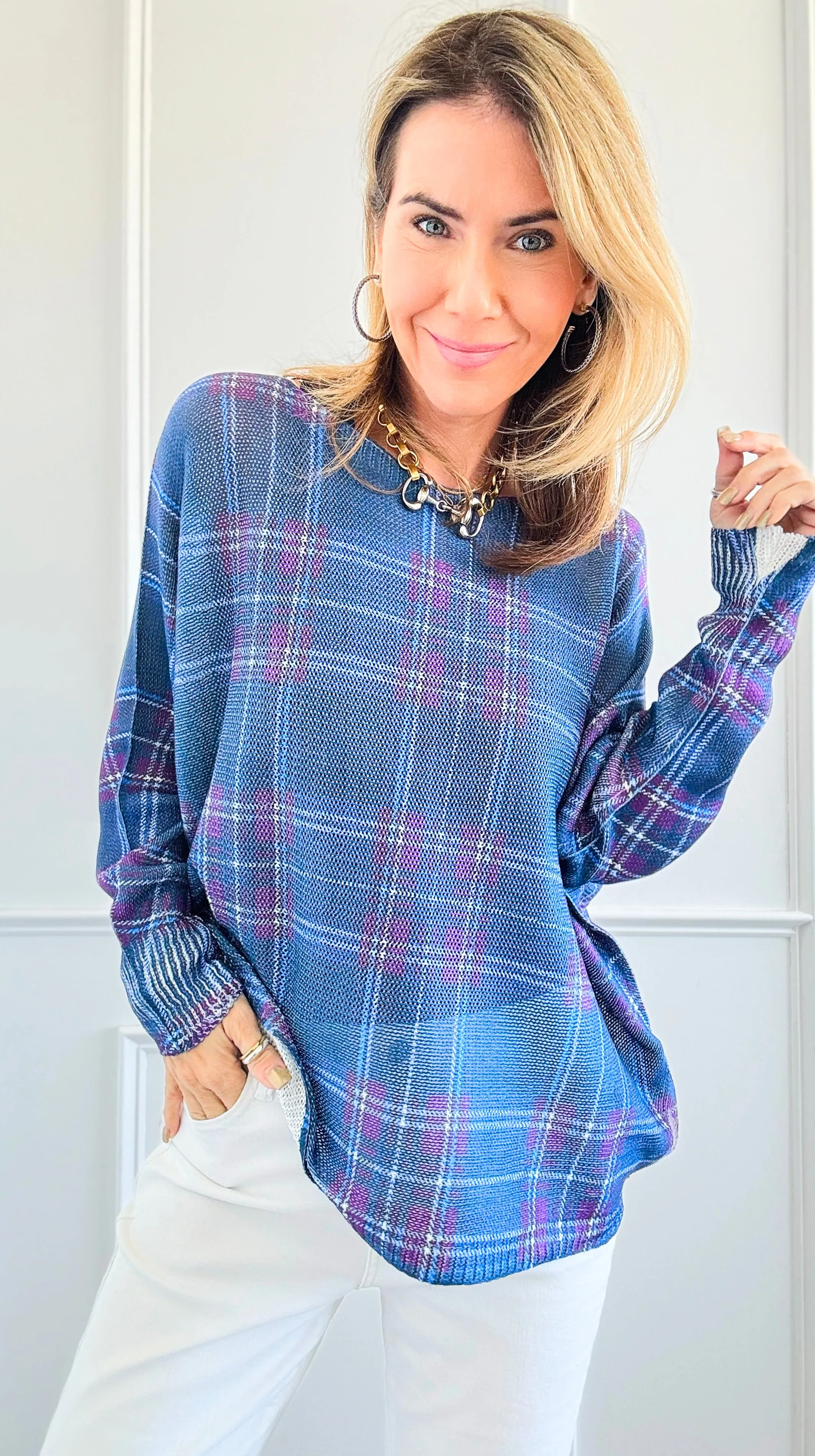 Festive Plaid St Tropez Italian Knit Sweater- Cobalt Blue