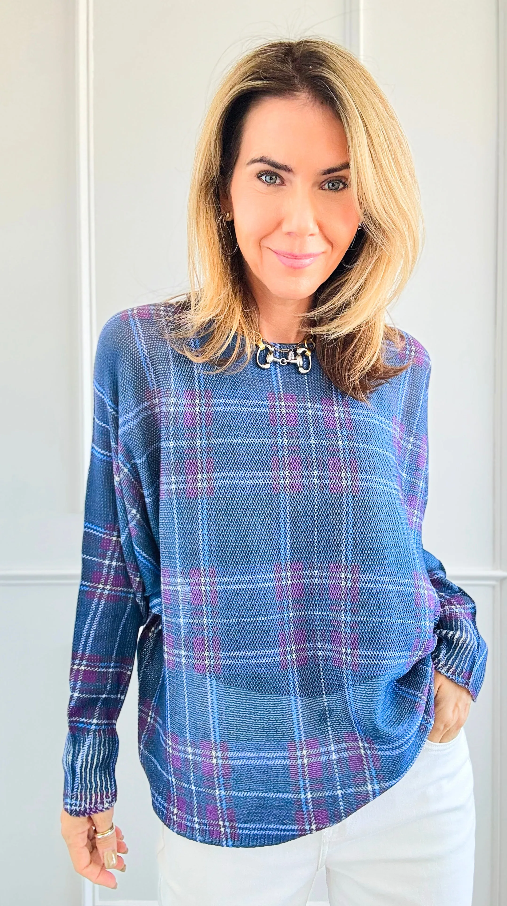 Festive Plaid St Tropez Italian Knit Sweater- Cobalt Blue