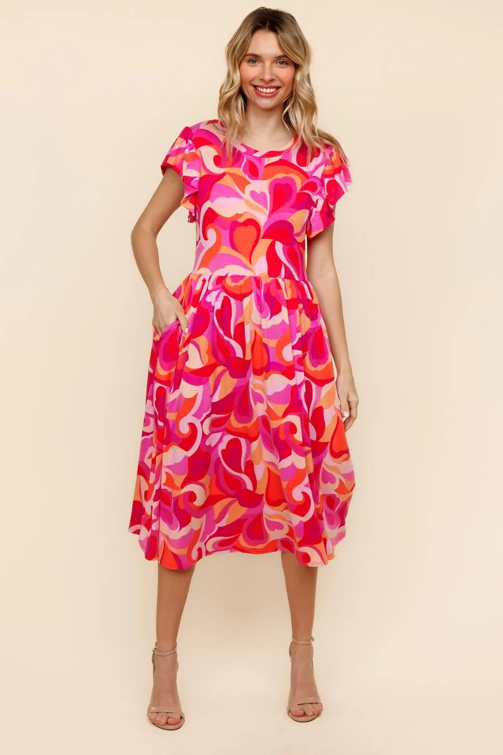 FIT AND FLARE GEOMETRIC PRINT MIDI DRESS