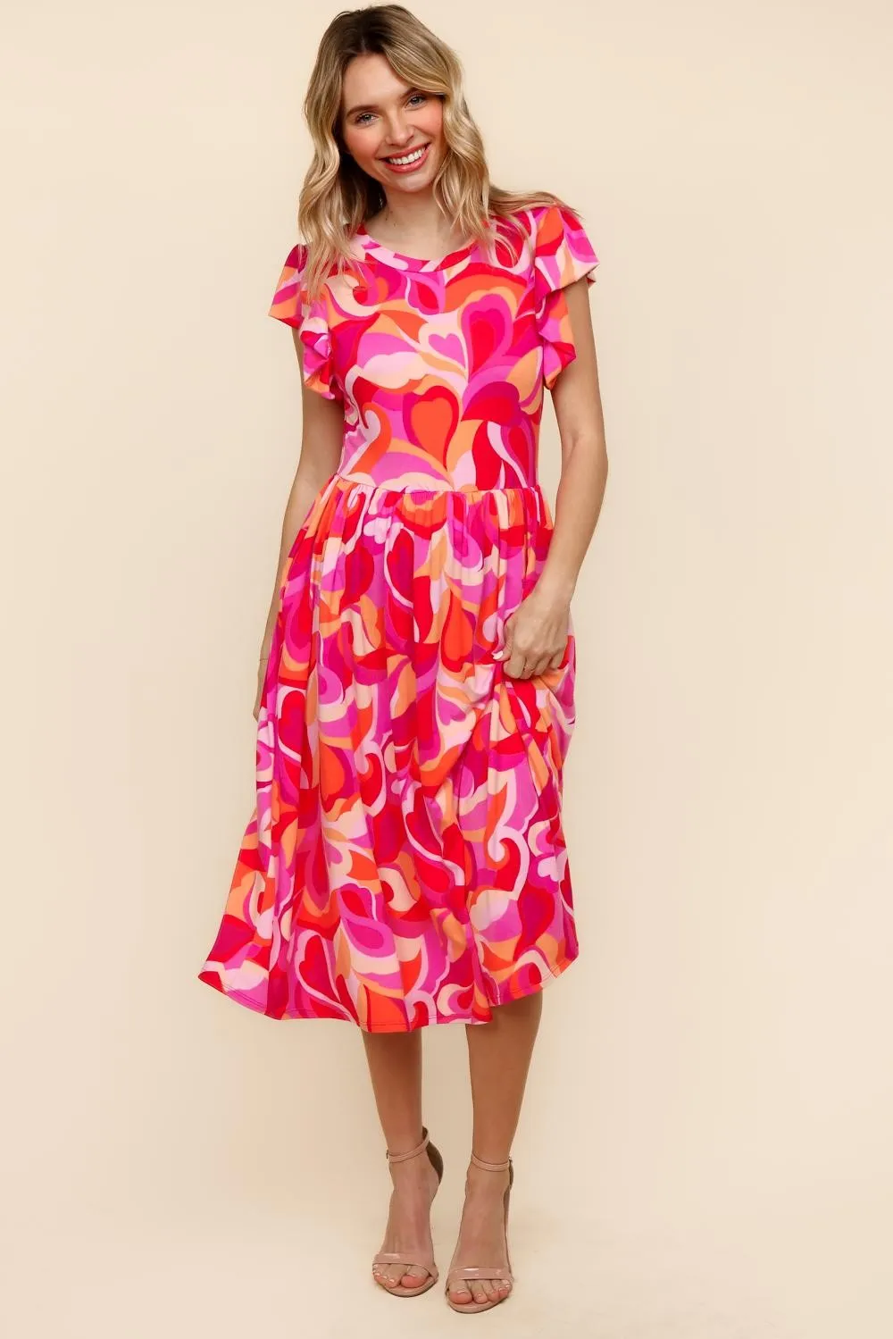 FIT AND FLARE GEOMETRIC PRINT MIDI DRESS