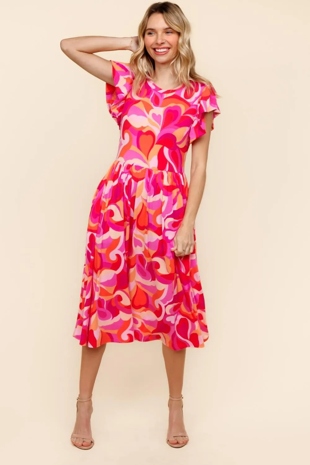 FIT AND FLARE GEOMETRIC PRINT MIDI DRESS