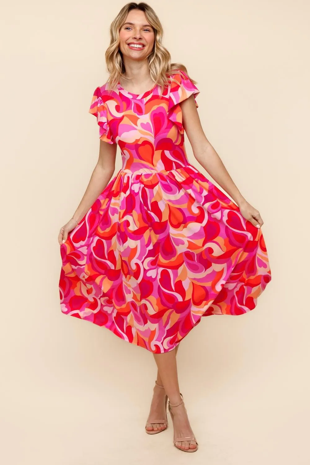 FIT AND FLARE GEOMETRIC PRINT MIDI DRESS
