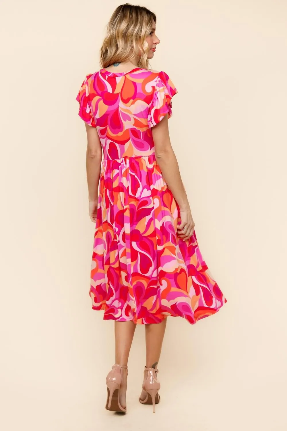 FIT AND FLARE GEOMETRIC PRINT MIDI DRESS