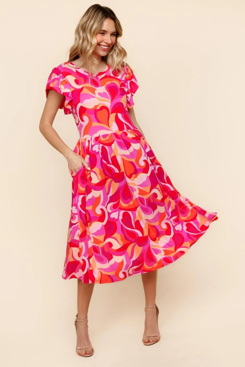 FIT AND FLARE GEOMETRIC PRINT MIDI DRESS