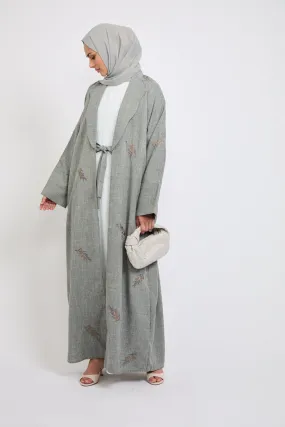 Four Piece Embroidered Open Abaya Set - Frosted Mint
