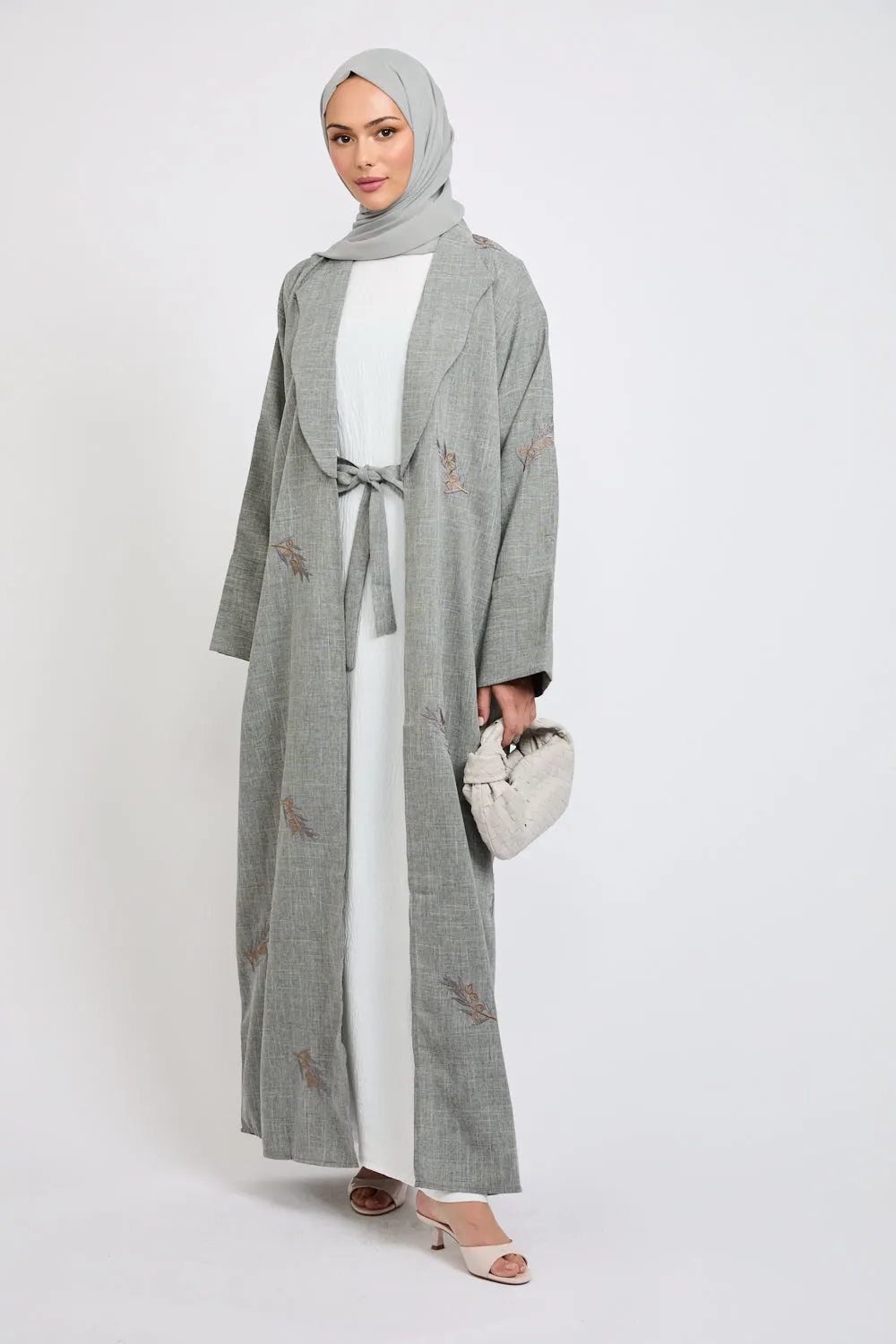 Four Piece Embroidered Open Abaya Set - Frosted Mint