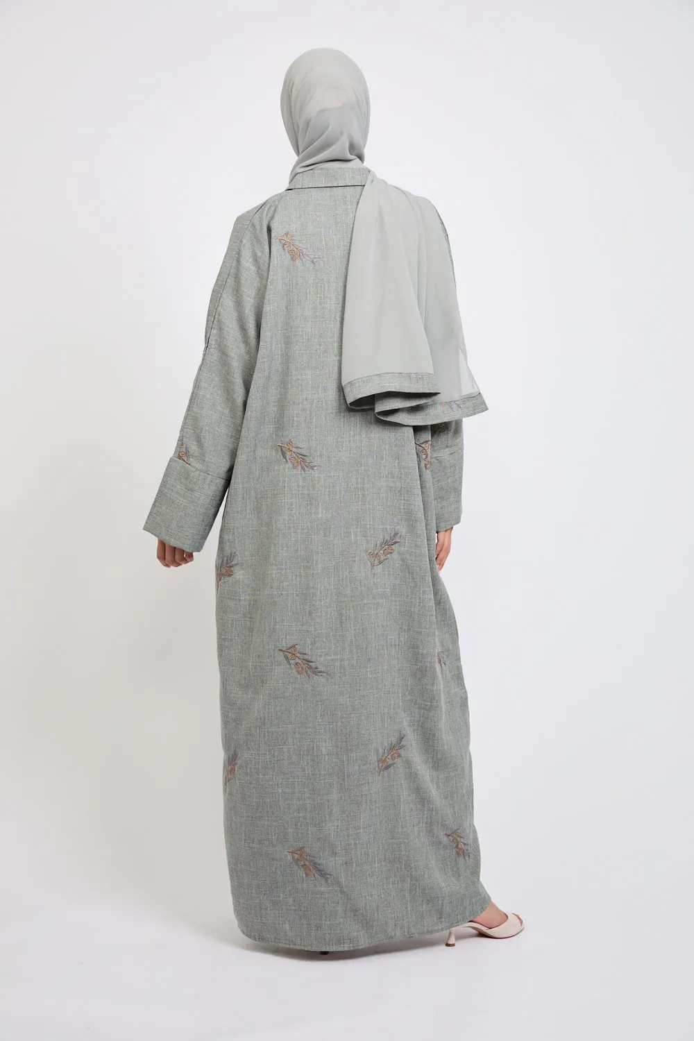 Four Piece Embroidered Open Abaya Set - Frosted Mint