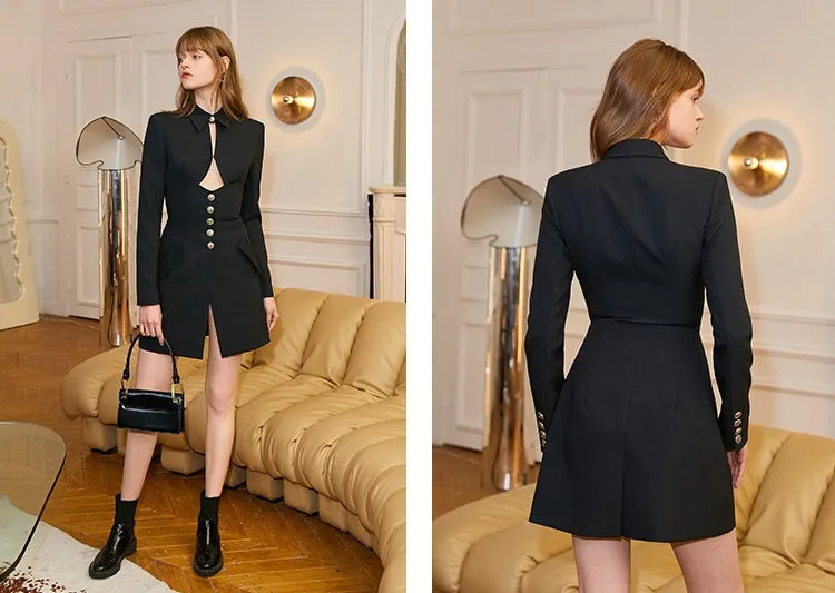 Gorgeous high-end, -little black dress features a , single-breasted- Heria