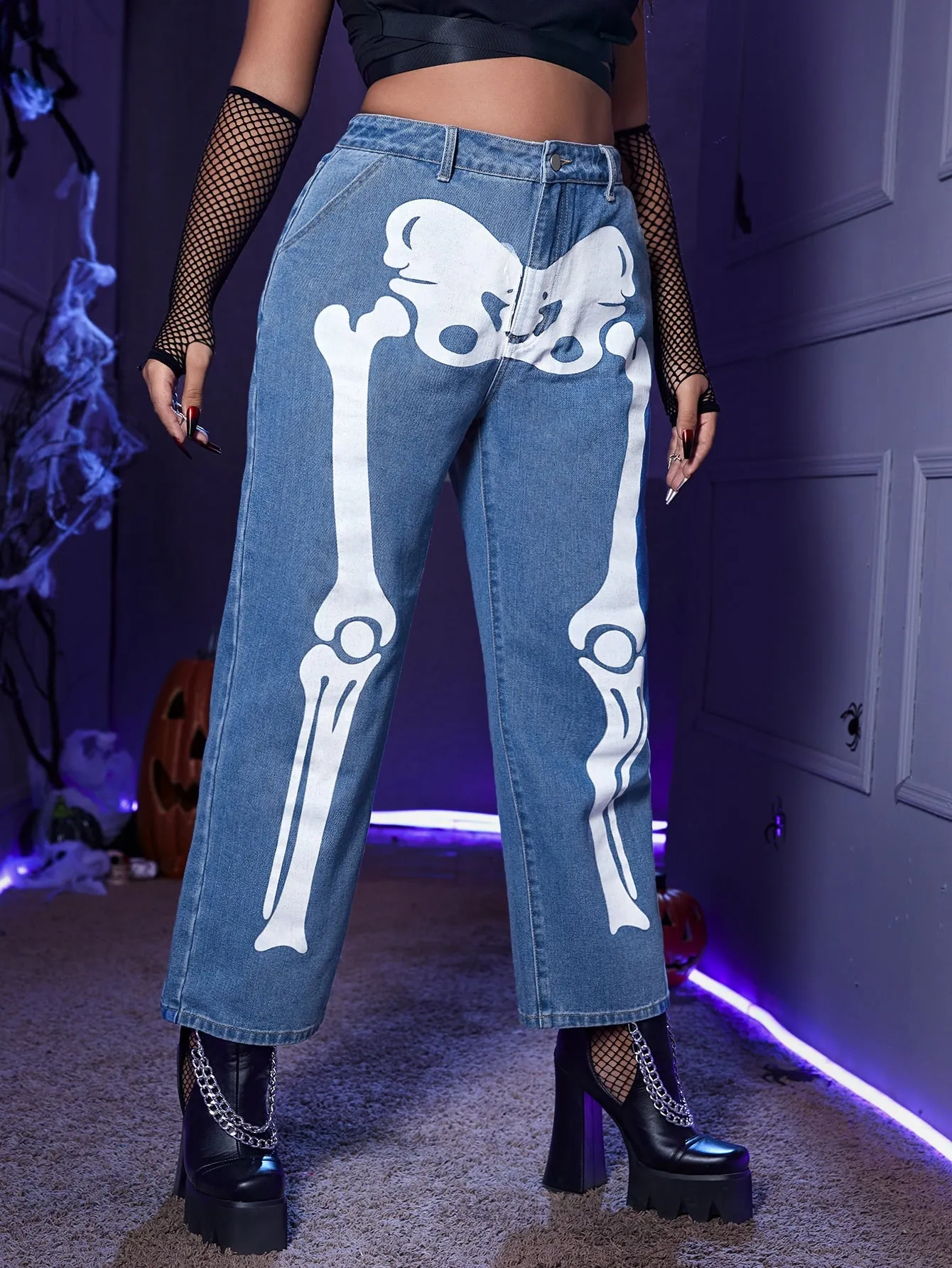 Halloween Zipper High Waist Cropped Plus Size Jeans