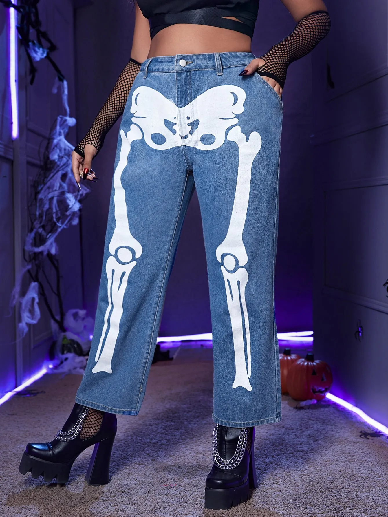 Halloween Zipper High Waist Cropped Plus Size Jeans