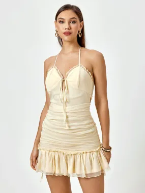 Halter Lace Trim Ruched Mini Dress