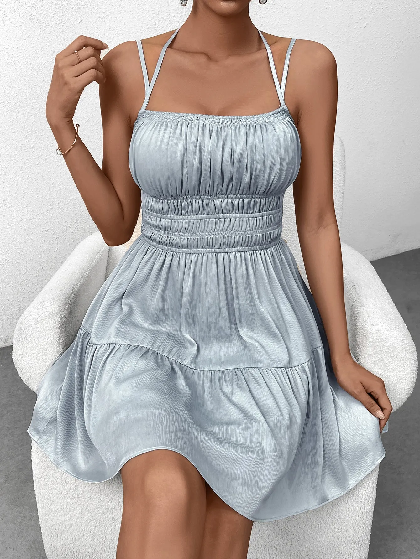 Halter Tie Back Ruched Satin Flared Dress