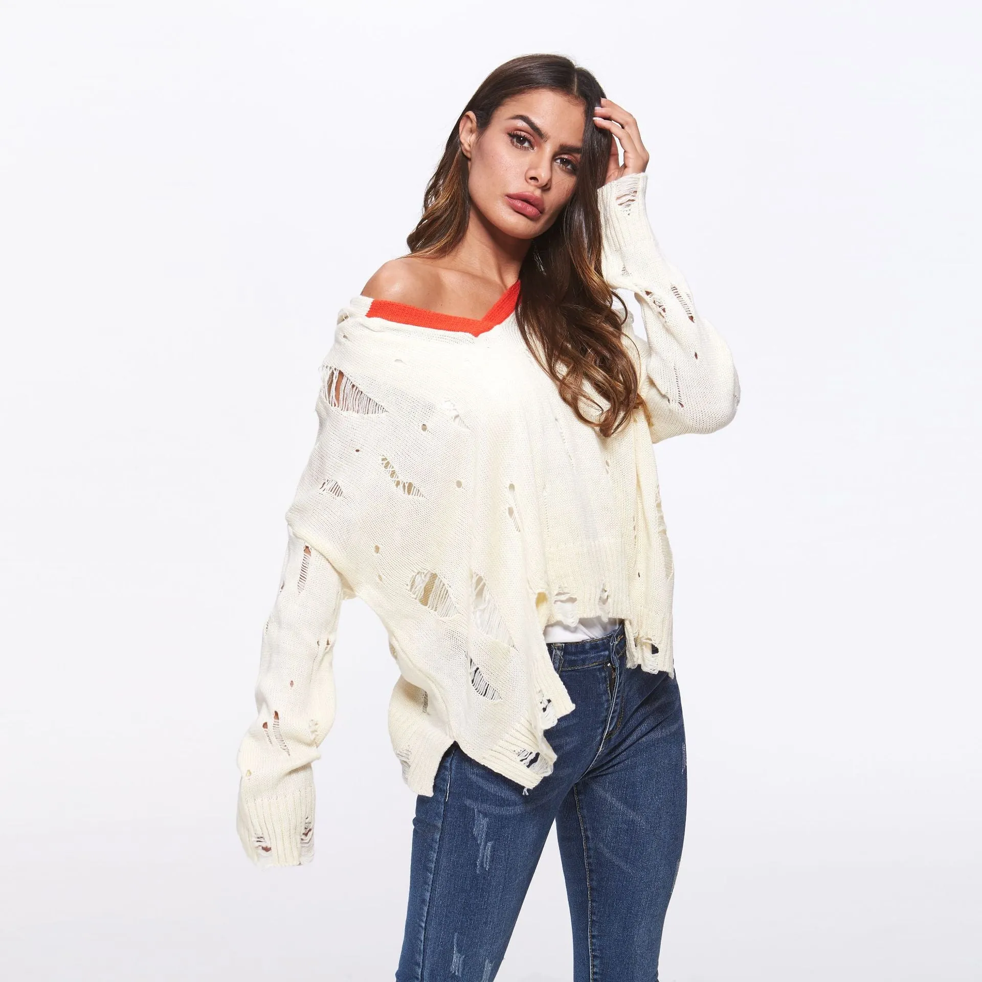 Hit Color Hole V- neck Sweaters