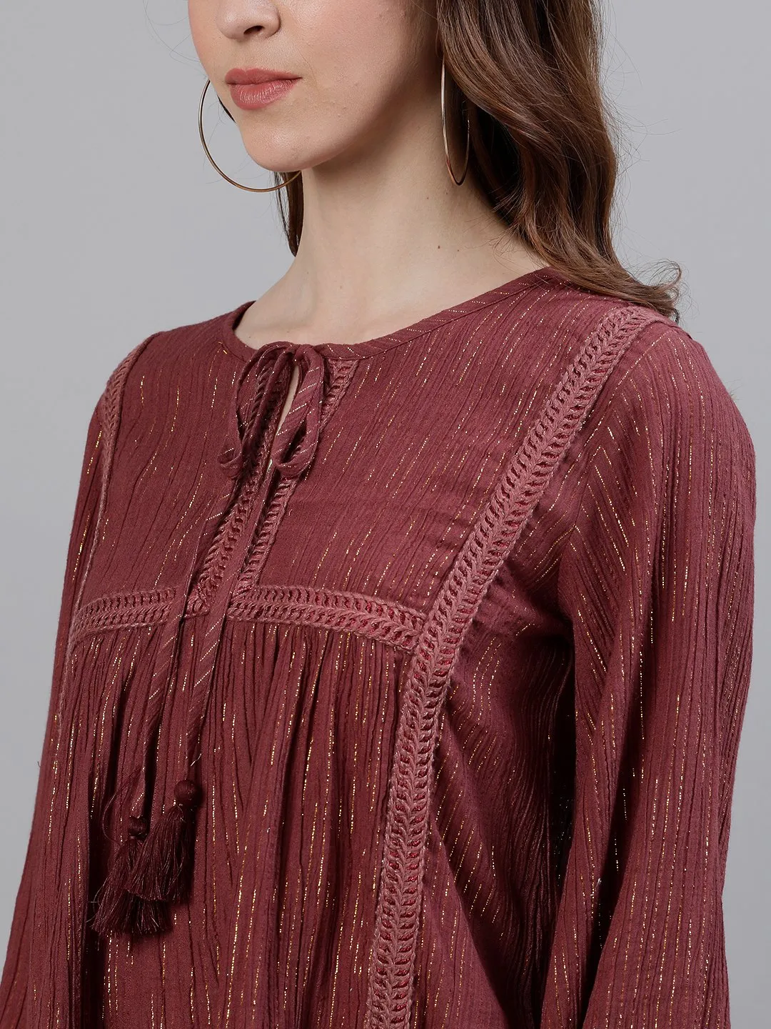 Ishin Women's Cotton Maroon Lurex Embroidered Top